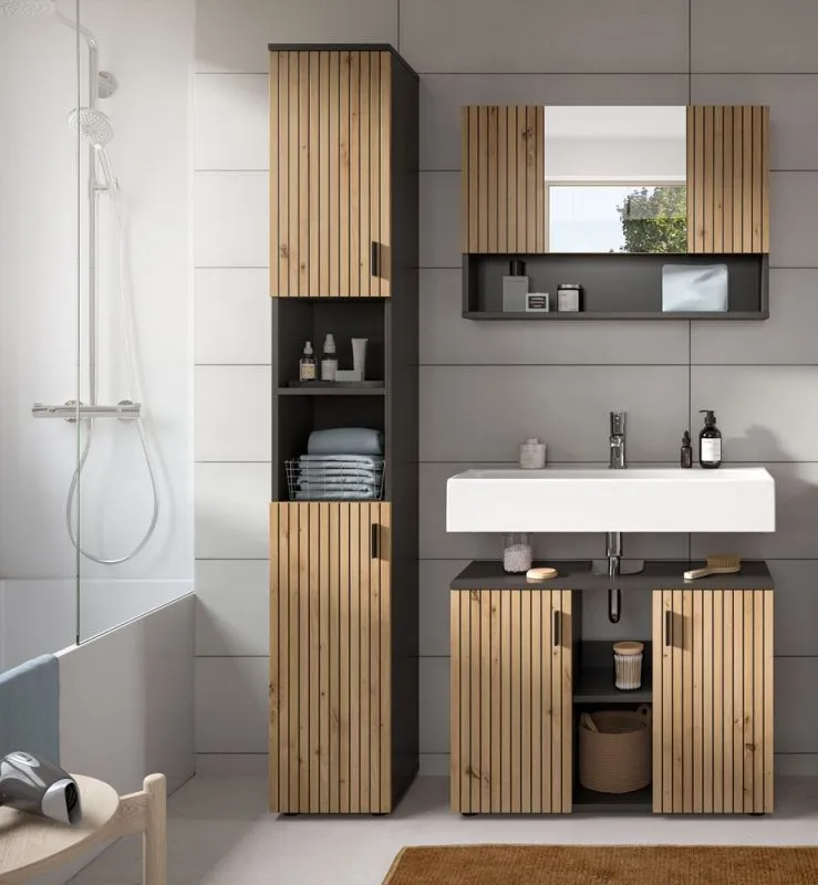 Bad Set Mone | 3-teilig | Basalt grau / Artisan Oak mit Aufsatzleuchte