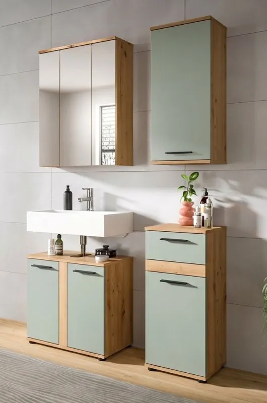 Badezimmer-Set Blake | Salbei / Artisan Eiche | 4-teilig mit Aufsatzleuchte