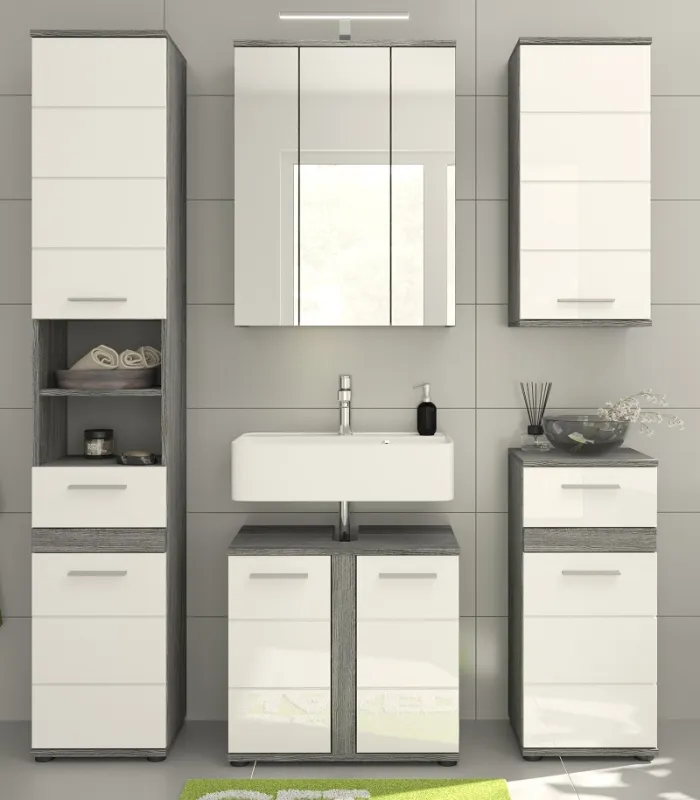 Badezimmer-Set Blake | weiß Hochglanz / rauchsilber | 5-teilig