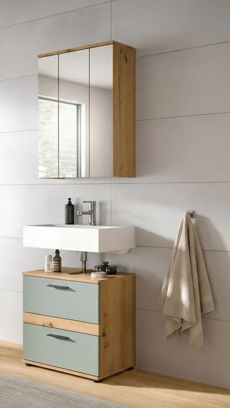 Badezimmer-Set Blake1 | Salbei / Artisan Eiche | 2-teilig mit Aufsatzleuchte
