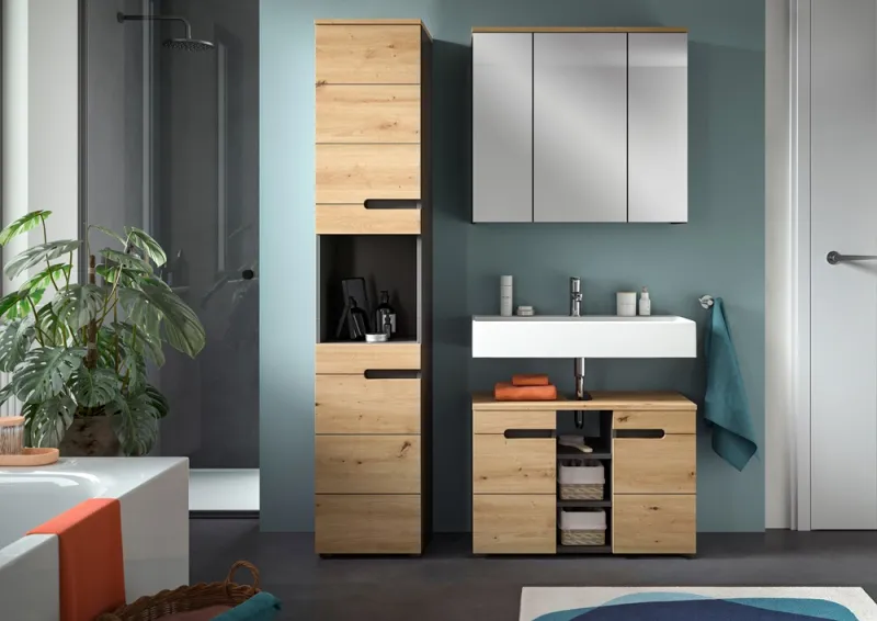 Badezimmer Set Canu 2 | 3-teilig | Artisan Eiche / Basalt grau | mit Aufsatzleuchte