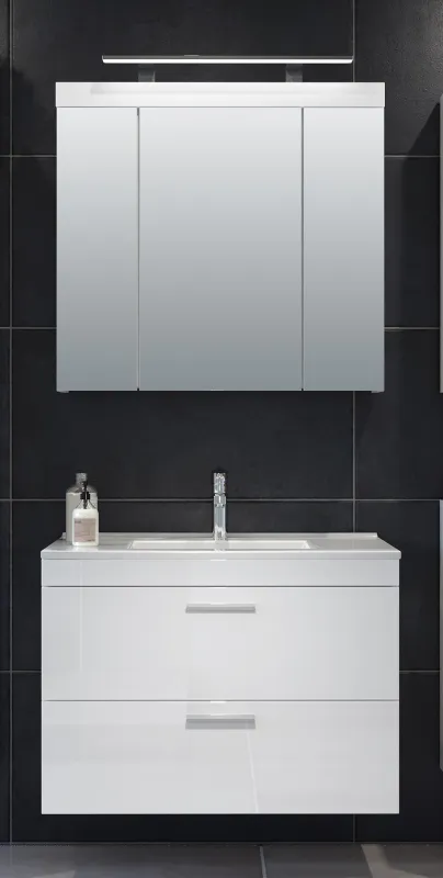 Badezimmer-Set Devon | inkl. Waschbecken | weiß Hochglanz | 2-teilig mit Aufsatzleuchte