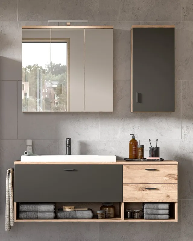 Badezimmer Set Grado | Nox Oak / grau | 3-teilig mit Aufsatzleuchte