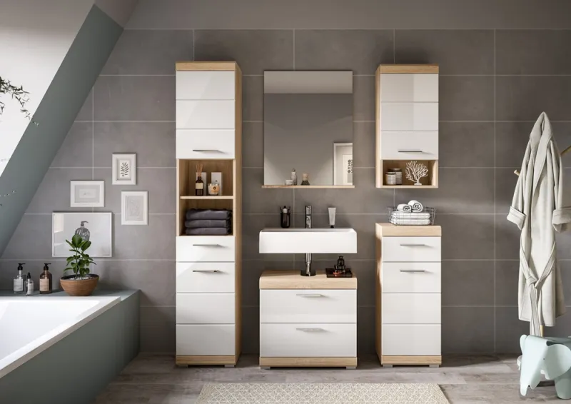 Badezimmer-Set Lambada 2a | weiß Hochglanz / Sonoma Eiche hell | 5-teilig | optional Beleuchtung mit Aufsatzleuchte