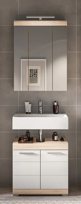 Badezimmer-Set Lambada | weiß Hochglanz / Sonoma Eiche hell | 2-teilig mit Aufsatzleuchte