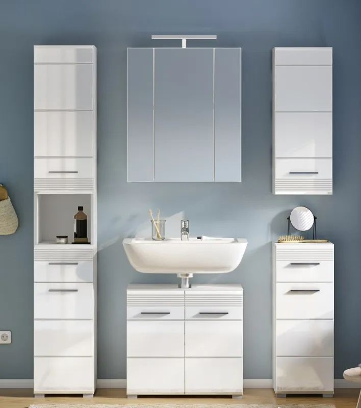Badezimmer-Set Linus| weiß Hochglanz | 5-teilig mit Aufsatzleuchte