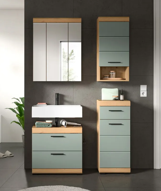 Badezimmer-Set Scout 6 | Salbei / Artisan Eiche | 4-teilig | mit Aufsatzleuchte