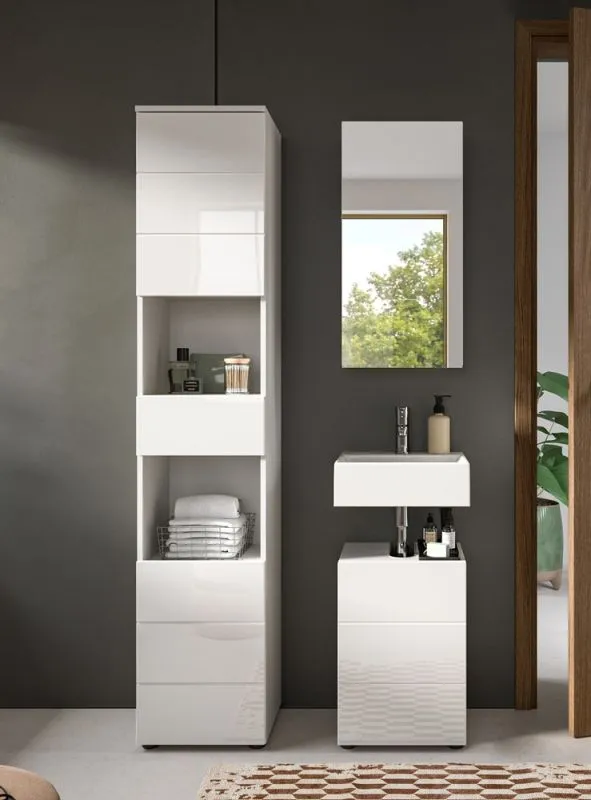 Badezimmer-Set Vira | 3-teilig | weiß / weiß Hochglanz | mit Aufzatzleuchte