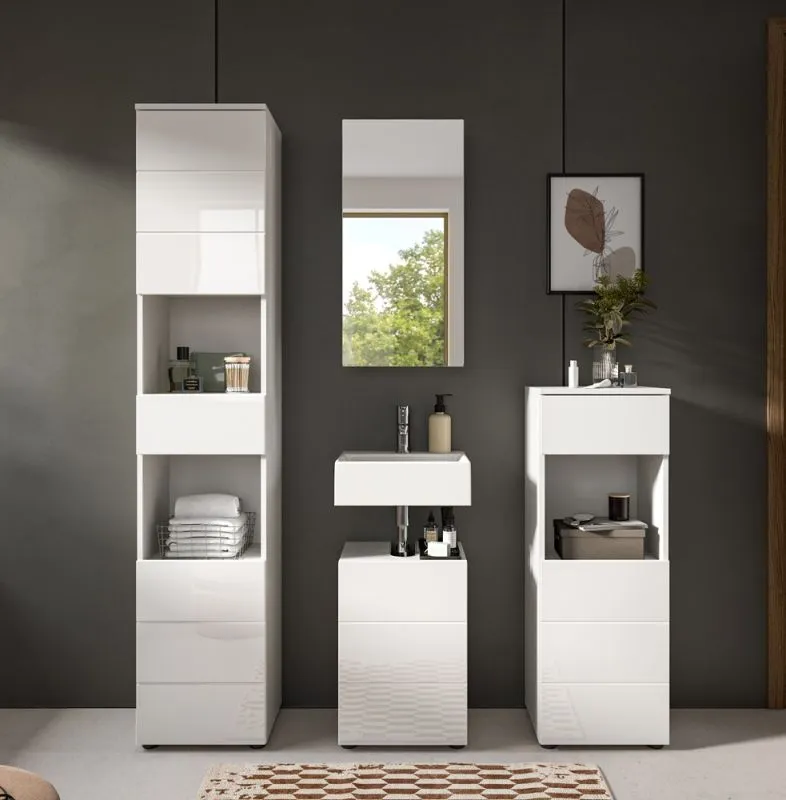 Badezimmer-Set Vira | 4-teilig | weiß / weiß Hochglanz | mit Aufzatzleuchte
