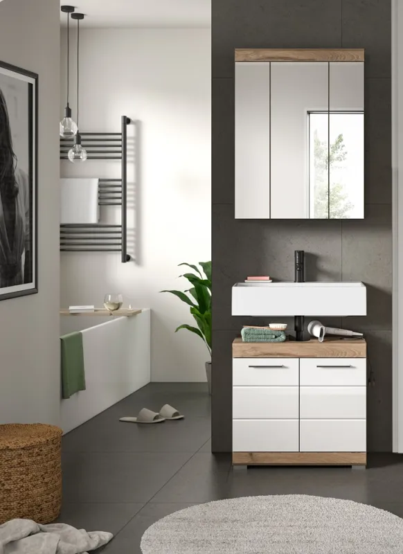 Badezimmer-Set Wave | weiß Hochglanz / Nox Oak | 2-teilig