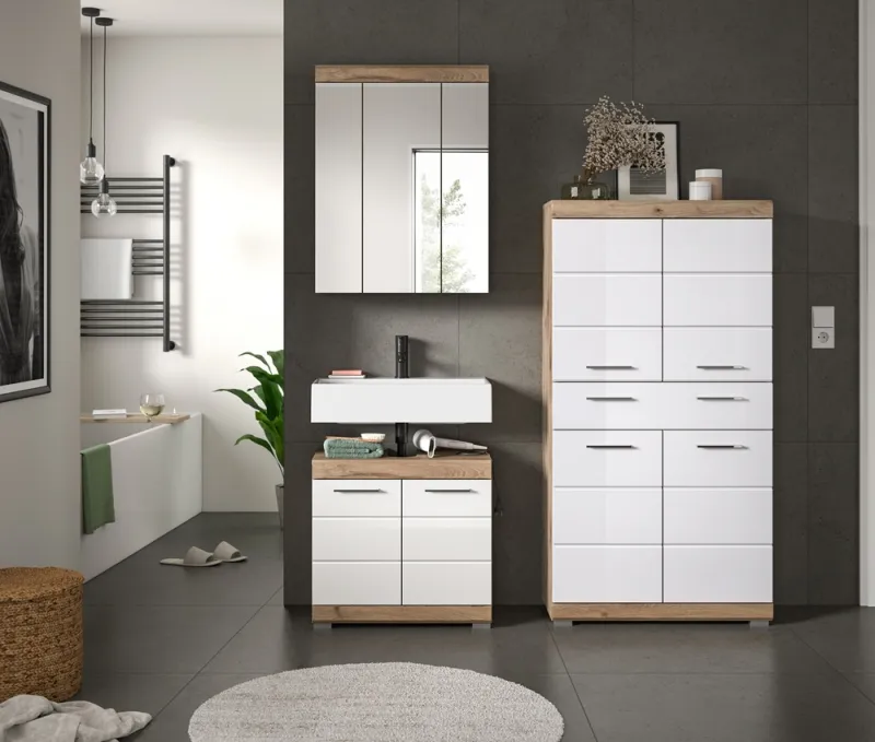 Badezimmer-Set Wave 2 | weiß Hochglanz / Nox Oak | 3-teilig