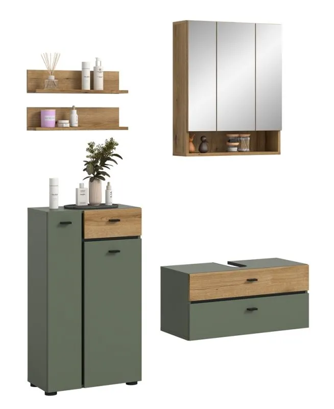 Badkombination Bad Set Aqua | 4-teilig | Sage Green / Evoke Oak mit Aufsatzleuchte