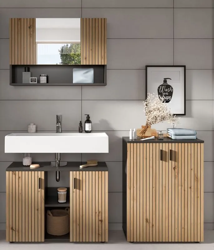 Badkombination Mone 1 | 3-teilig | Basalt grau / Artisan Oak mit Aufsatzleuchte