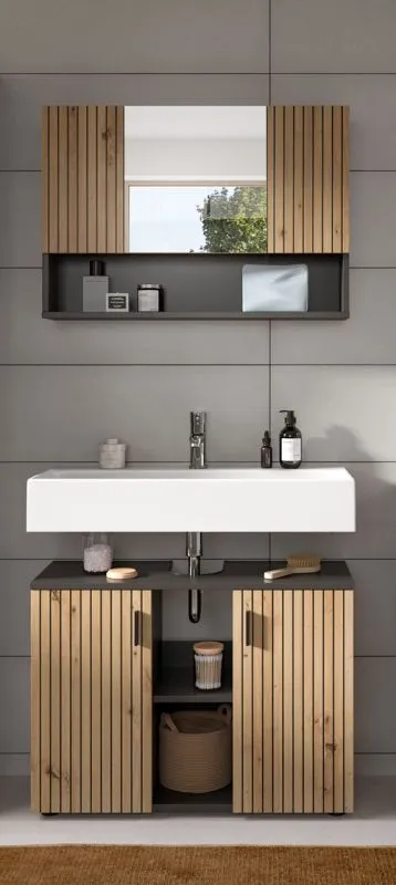 Badkombination Mone | 2-teilig | Basalt grau / Artisan Oak mit Aufsatzleuchte