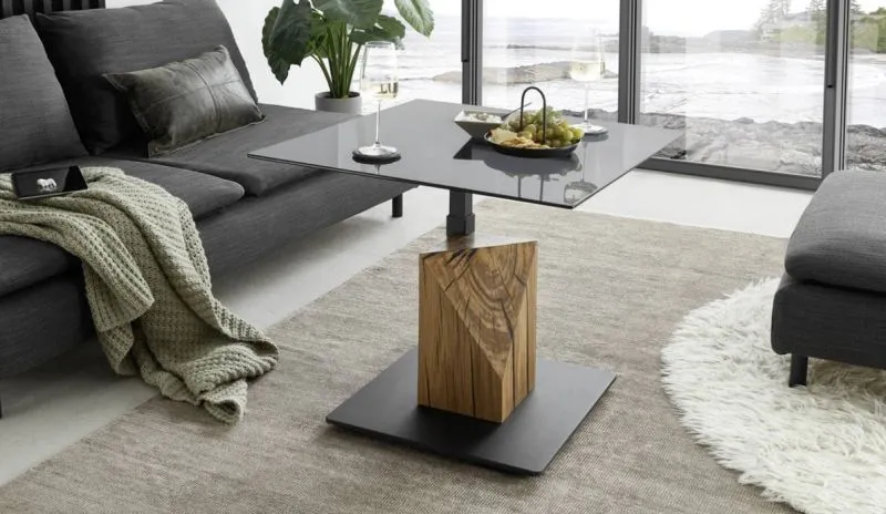 Couchtisch Balsta mit Lift | Eiche massiv | mit Glasplatte | 70 cm | Eichefarben / grau
