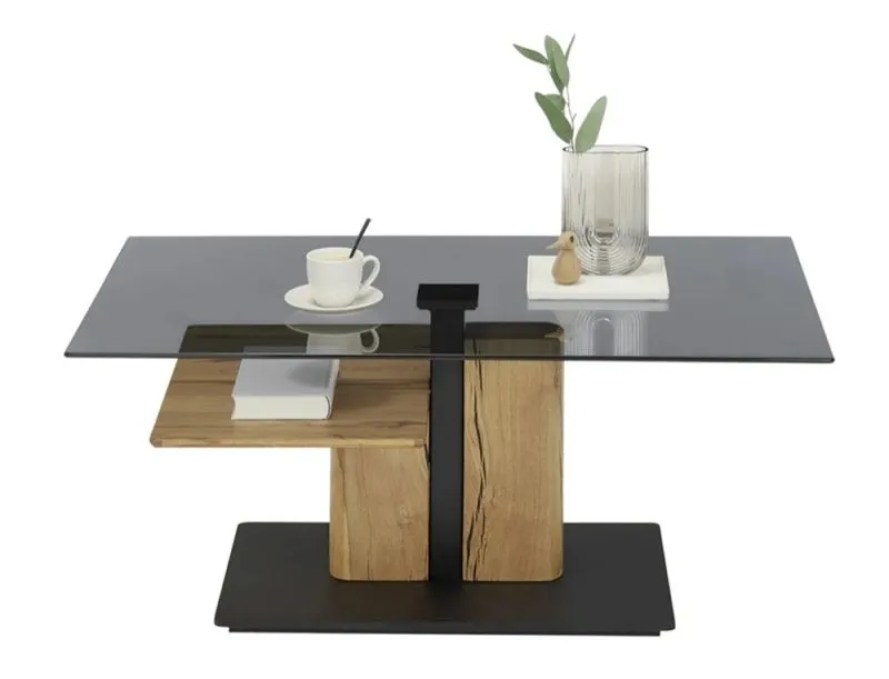 Couchtisch Delmas mit Lift | Eiche massiv | mit Glasplatte | 105/65 | Eichefarben / schwarz