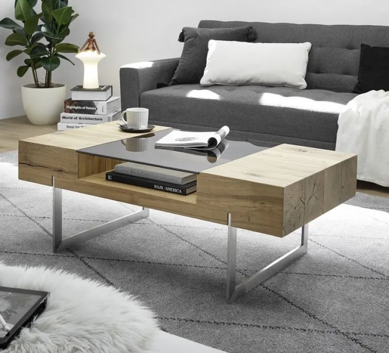 Couchtisch Rewa | Asteiche mit Glasplatte 110x60 Eichefarben / grau
