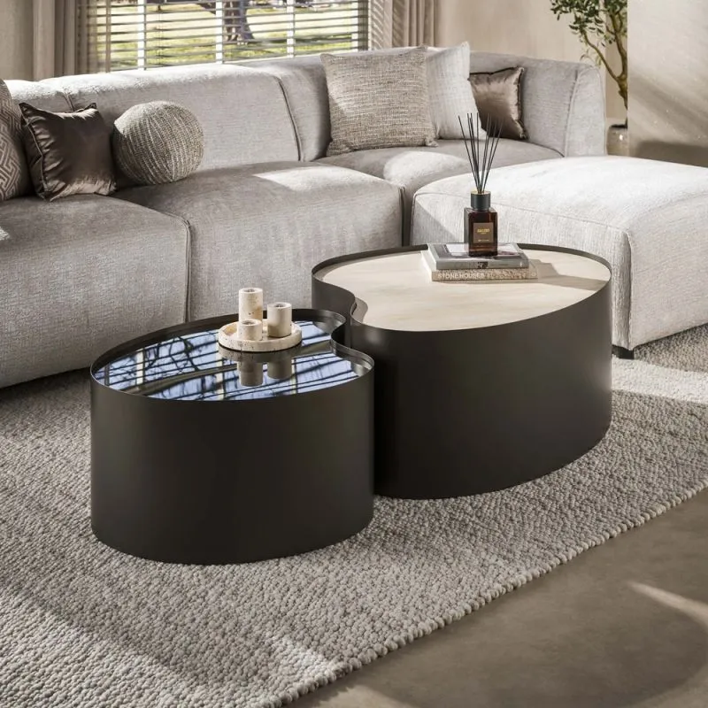 Couchtisch Set Duett 2 | 2-teilig | Metallgestell | Braunglas | Travertin