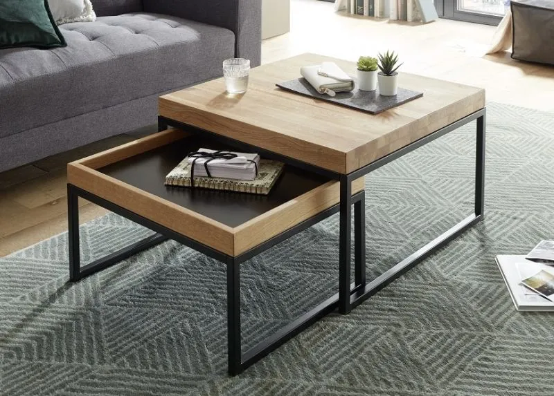 Couchtisch Set Lubao | 2-teilig | Eiche massiv schwarz 57/65 cm
