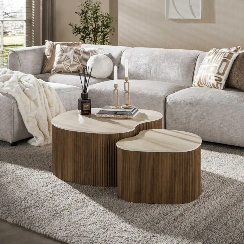 Couchtisch Set Sienna | 2-teilig | geriffelter Sockel | 3D Keramik | Travertinoptik