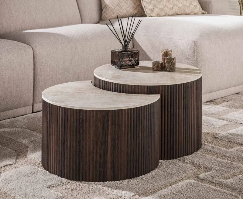 Couchtisch Set Sienna | 2-teilig | halbrund | 3D Keramik travertin