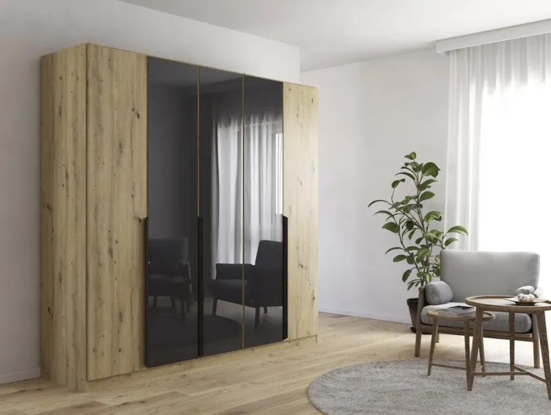 Drehtürenschrank Artemis | mit Glastüren | Eiche Artisan / basalt grau | 226 x 210 x 54 cm