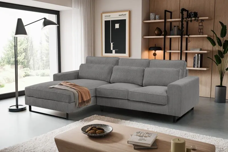 Ecksofa Bolivia links mit Rückenkissen | 276cm | Cord | grau