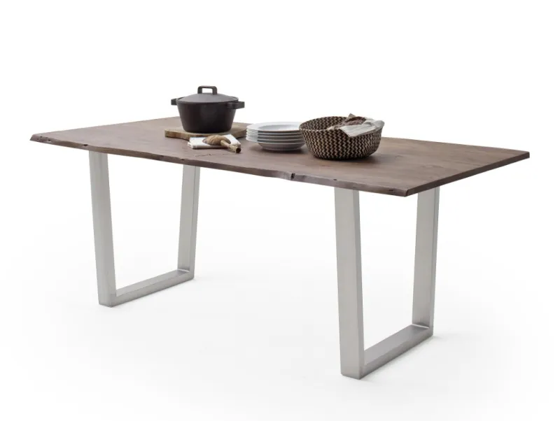 Esstisch Calabria | Akazie massiv | T-Gestell Edelstahl | walnuss | 160 x 90-Tischplatte 2,5 cm
