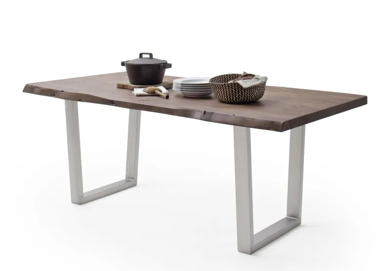 Esstisch Calabria | Akazie massiv | T-Gestell Edelstahl | walnuss | 240 x 100-Tischplatte 5,5 cm