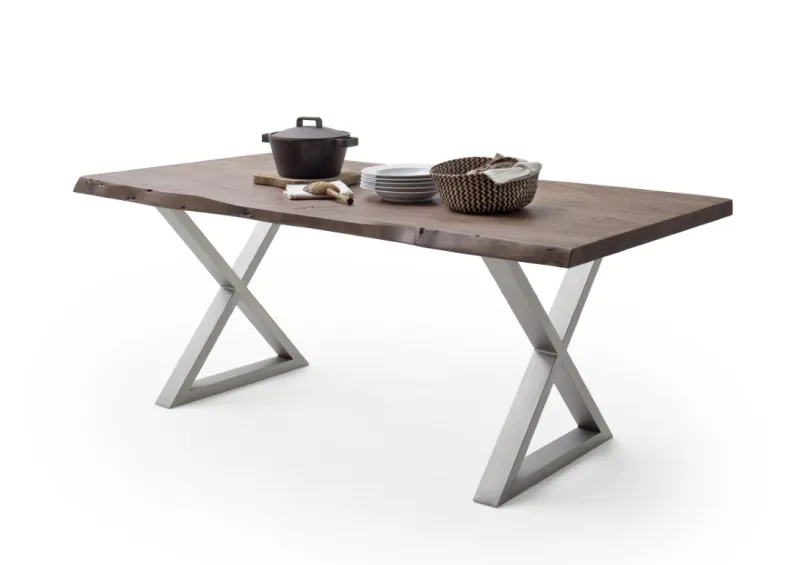 Esstisch Calabria | Akazie massiv | X-Gestell Edelstahl | walnuss | 240 x 100-Tischplatte 5,5 cm