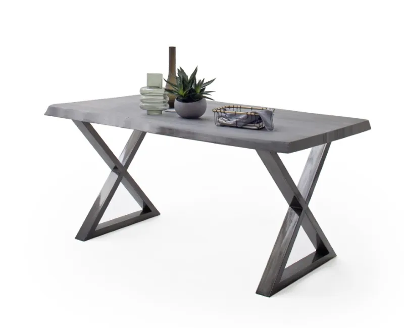 Esstisch Calabria | Akazie massiv | X-Gestell | grau / antik gewischt | 220 x 100 -Tischplatte 5,5 cm