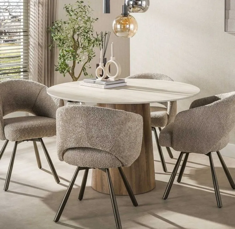 Esstisch Homa | Keramik Travertin | rund | Ø 120cm | Eiche / beige