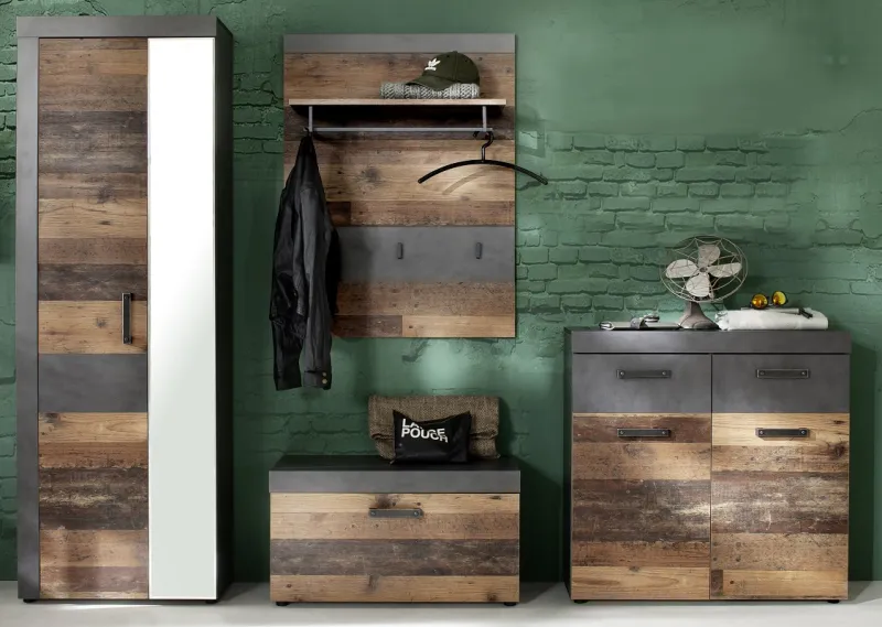 Garderoben-Set Indy 1 | Old Used Wood / Matera grau | 4-teilig | Shabby Look
