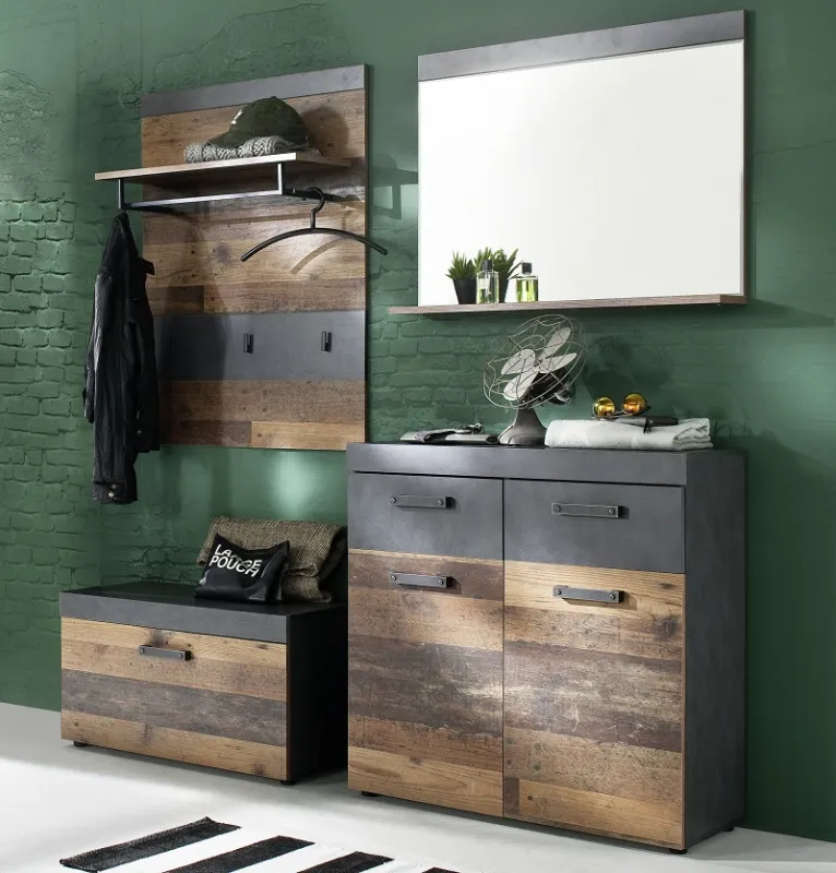 Garderoben-Set Indy | Old Used Wood / Matera grau | 4-teilig | Shabby