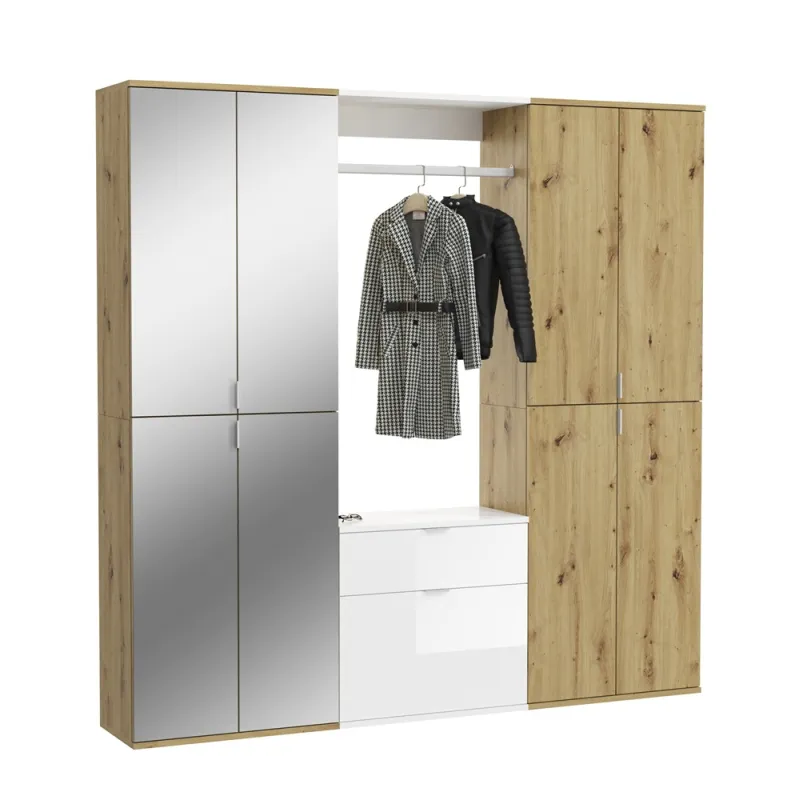 Garderoben Set Projekt X 1 | weiß Hochglanz / Artisan Eiche mit Spiegeltüren | 3-teilig