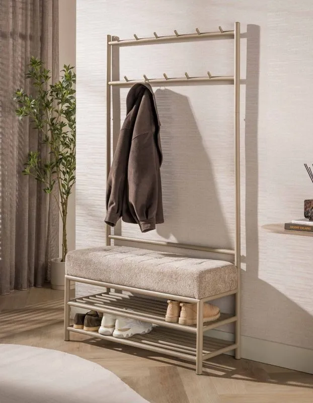 Garderobenbank Shio | 11 Haken | mit Sitzfunktion | beige