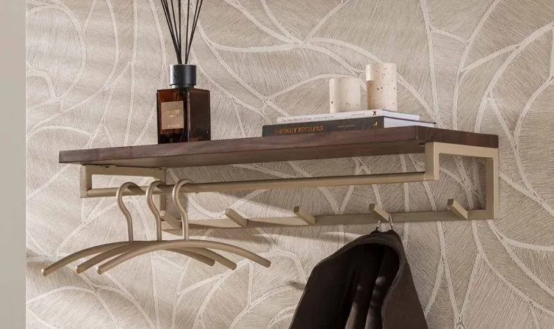 Garderobenpaneel Dion 5 Haken | mit Hutablage | Akazie massiv | beige / braun