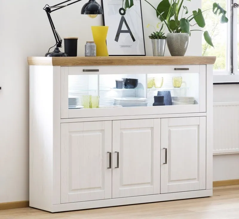 Highboard I Brixen | Landhaus modern | Pinie Aurelio / Grandson Oak mit 3er Set LED Unterbauspot