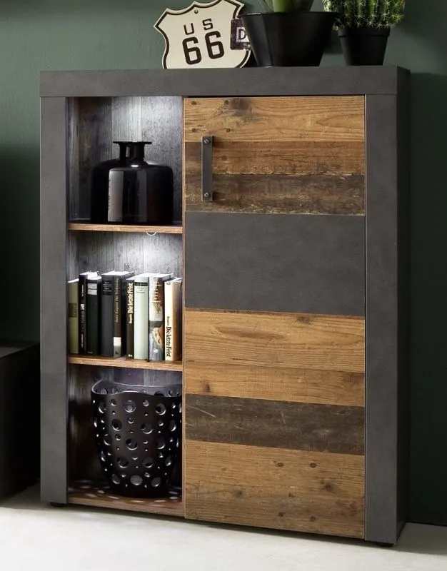 Highboard Kommode Indy | Old Used Wood / Matera grau | Shabby Look mit LED Unterbauspots
