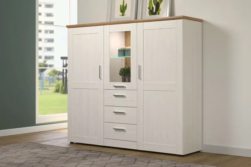 Highboard Shade | Andersen Pinie weiß / Artisan Eiche | Landhausstil | mit 1er Set LED Glasbodenclips