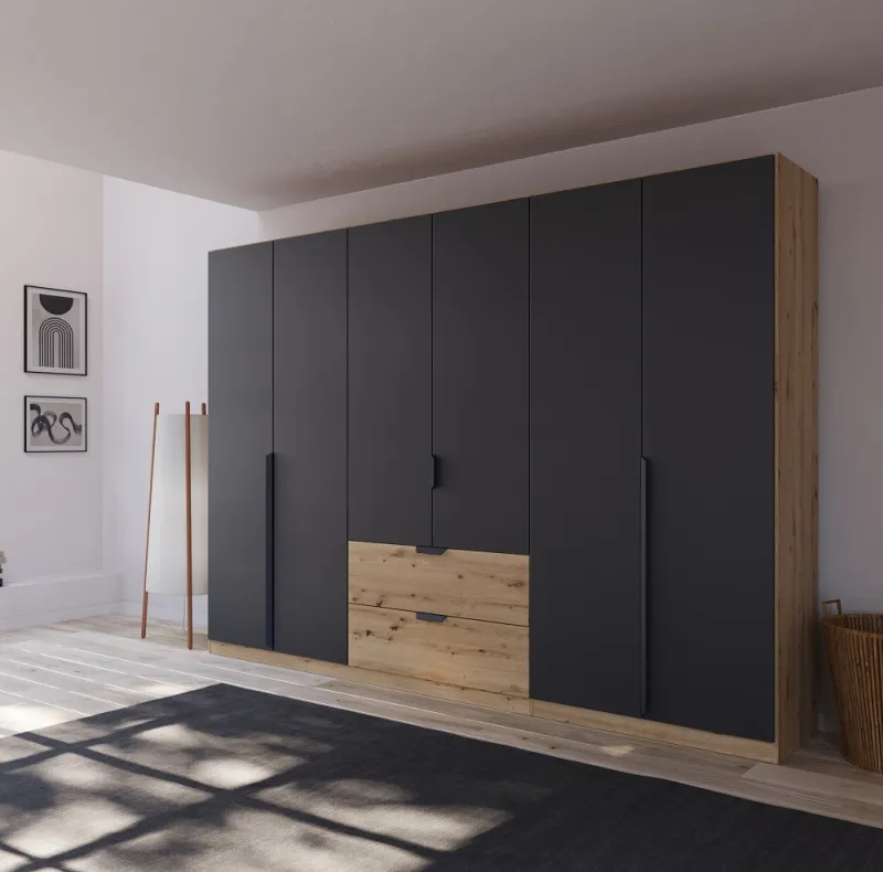 Kleiderschrank Drehtürenschrank Dark&Wood | 6-türig | mit Schubkästen | grau metallic / Eiche Artisan | 271x210