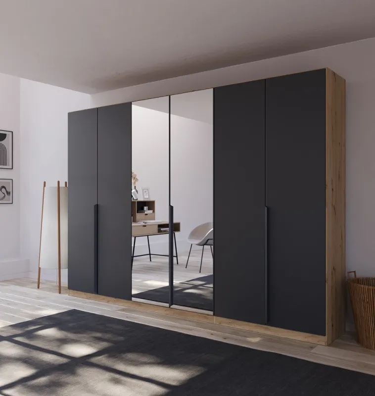 Kleiderschrank Drehtürenschrank Dark&Wood | 6-türig | mit Spiegeltüren | grau metallic / Eiche Artisan | 271x210