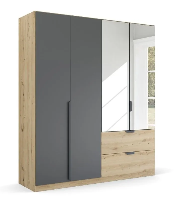 Kleiderschrank Drehtürenschrank Dark&Wood | mit Spiegel & Schubkästen | grau metallic / Eiche Artisan | verschiedene Größen