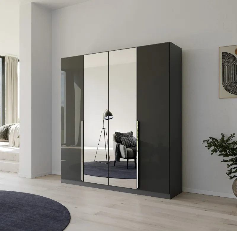 Kleiderschrank Drehtürenschrank Glamour | 4-türig | mit Spiegeltüren | effektgrau Hochglanz / grau metallic | 181x210