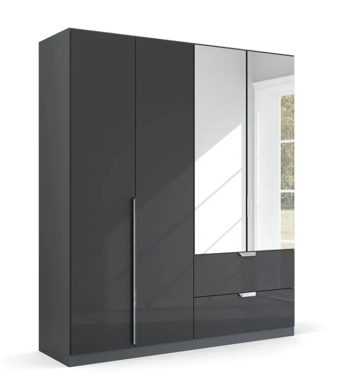 Kleiderschrank Drehtürenschrank Glamour | mit Spiegeltüren & Schubkästen | effektgrau Hochglanz / grau metallic | verschiedene Größen