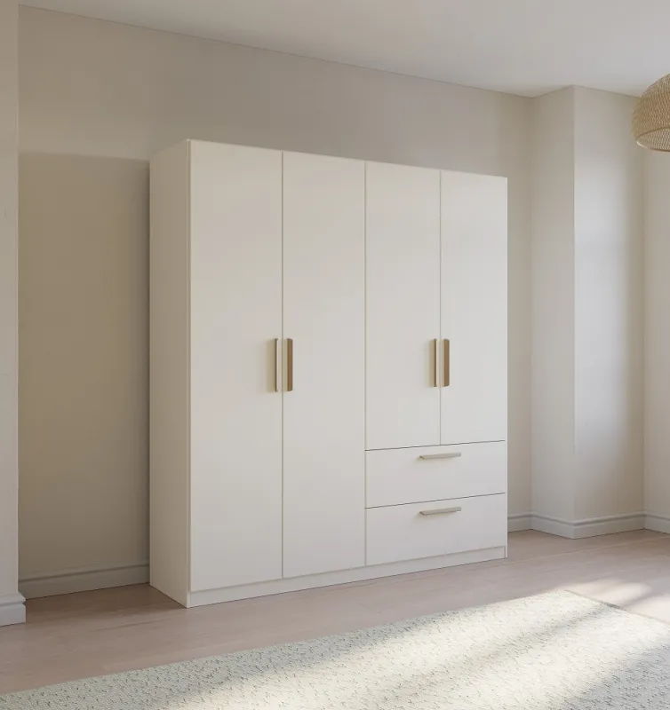 Kleiderschrank Drehtürenschrank Quadra-Spin | 4-türig | mit Schubkästen | alpinweiß | 181x210 | Griff Skandi