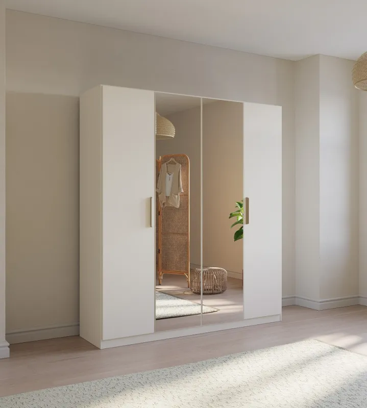 Kleiderschrank Drehtürenschrank Quadra-Spin | 4-türig | mit Spiegeltüren | alpinweiß | 181x210 | Griff Skandi