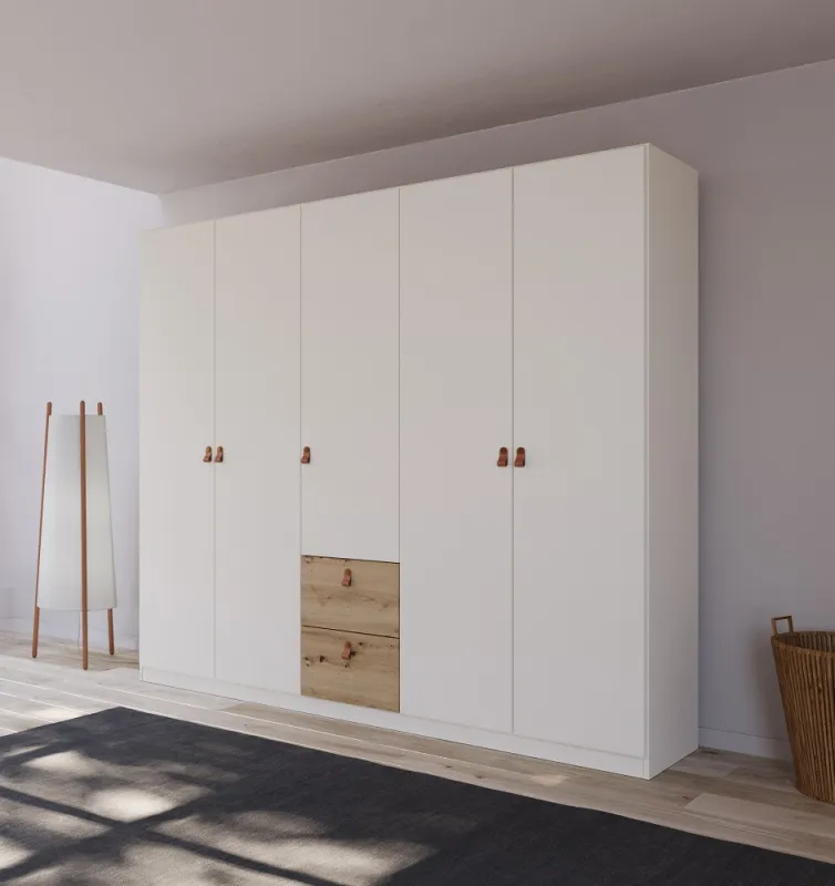Kleiderschrank Drehtürenschrank Quadra-Spin | 5-türig | mit Schubkästen | alpinweiß / Eiche Artisan | 226x210 | Griff Homey