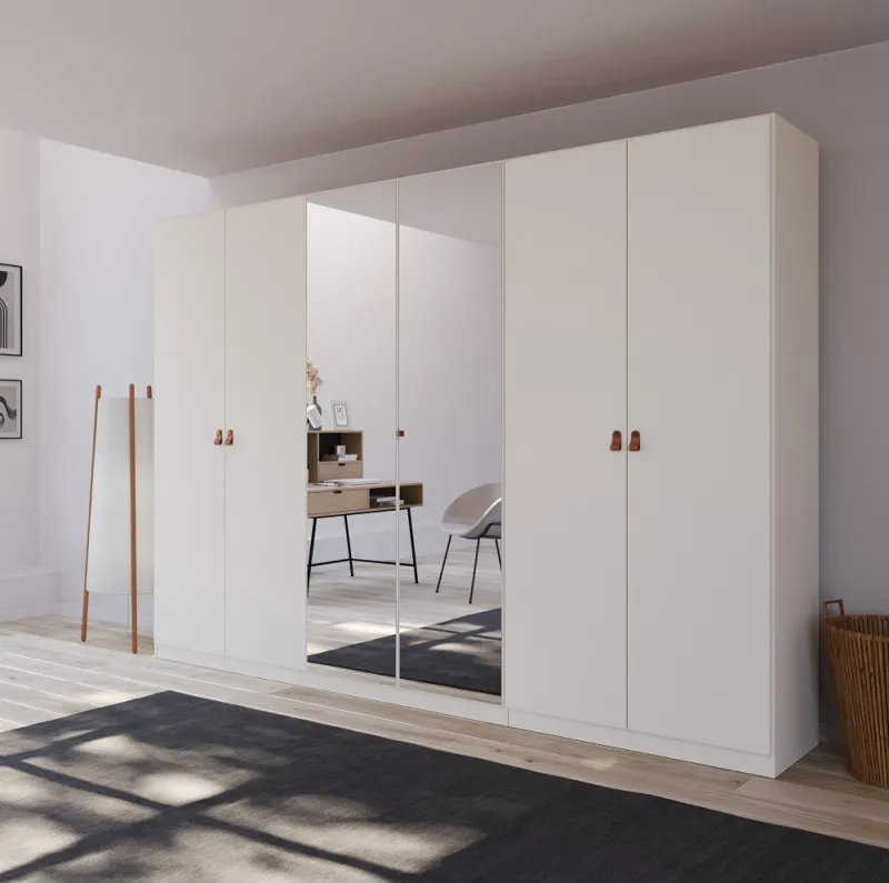 Kleiderschrank Drehtürenschrank Quadra-Spin | 6-türig | mit Spiegeltüren | alpinweiß | 271x210 | Griff Homey