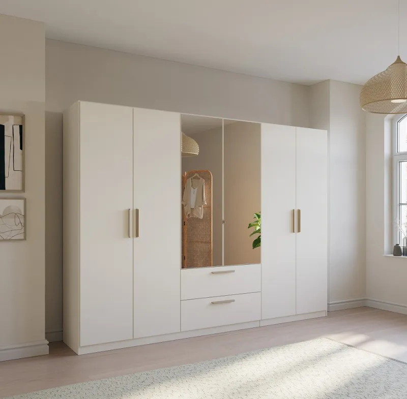 Kleiderschrank Drehtürenschrank Quadra-Spin | 6-türig | mit Spiegeltüren & Schubkästen | alpinweiß | 271x210 | Griff Skandi